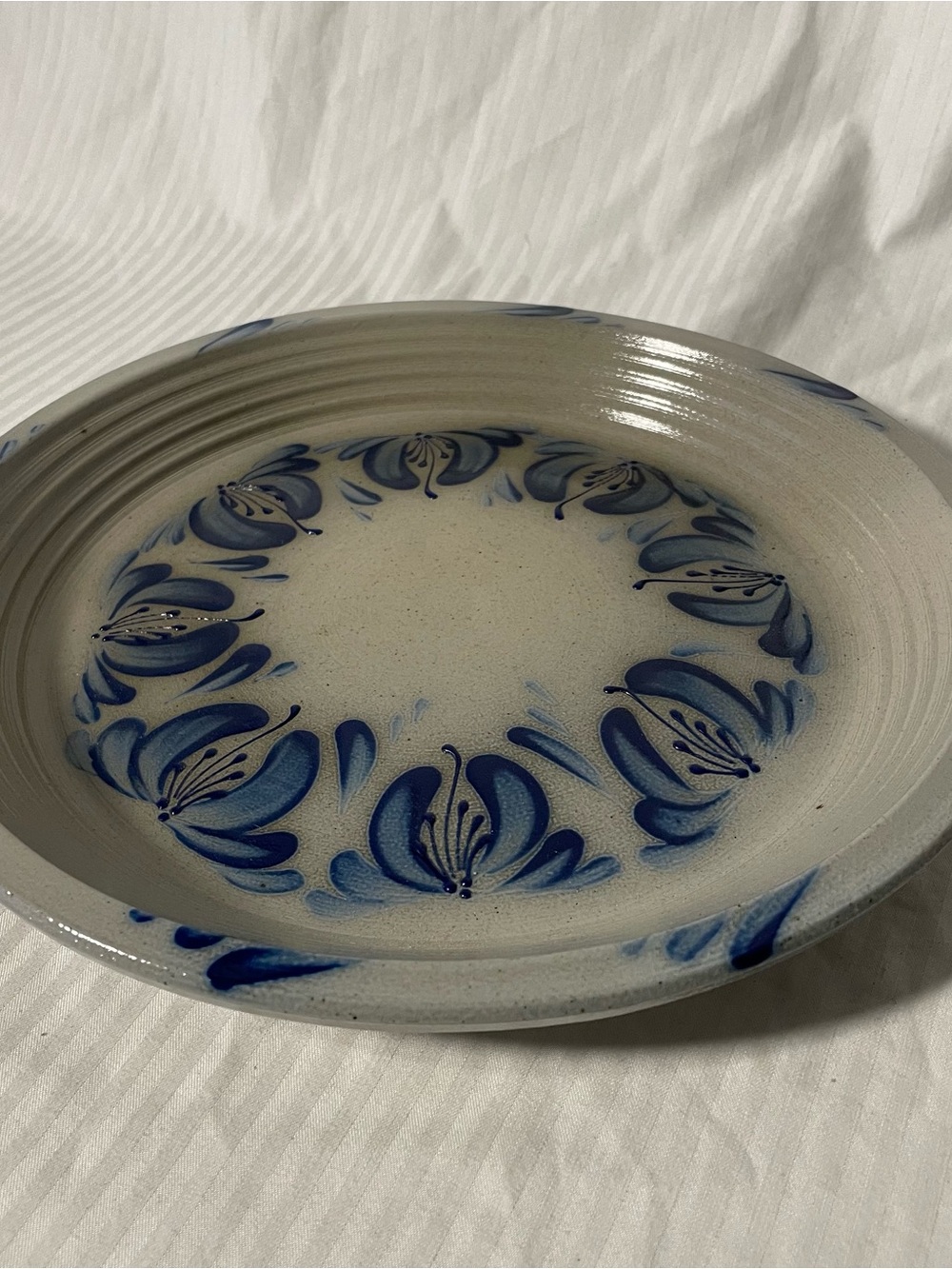Hand-Painted Blue Floral Ceramic Bowl/ pie plate. Eldreth pottery from 2000